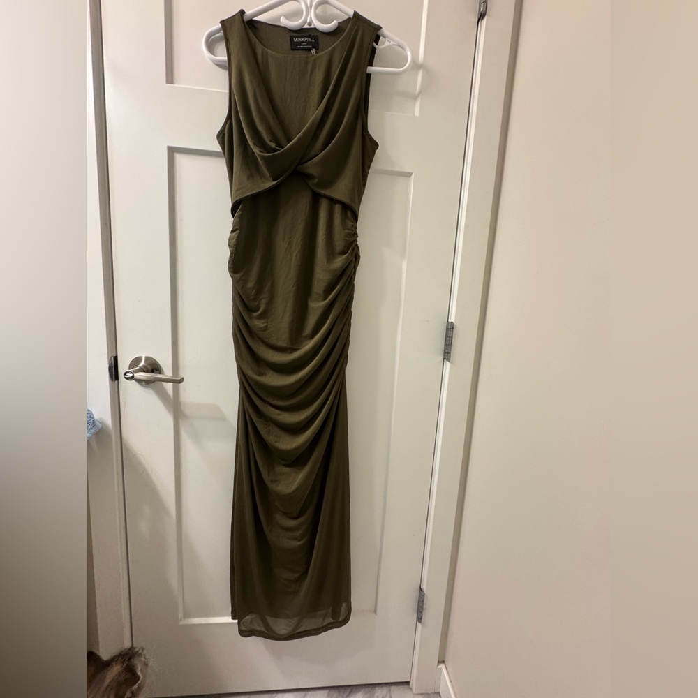 MINKPINK Green Ruched Cowl Neck Maxi Gown